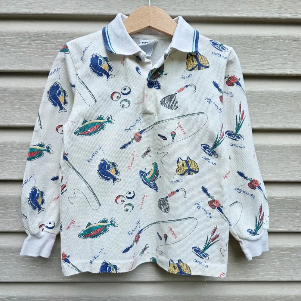 VTG OshKosh B'Gosh Boys 4T Fly Fishing Print Polo Shirt USA 90s Outdoors